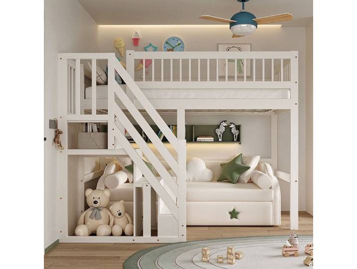 O.Ye Lit mezzanine 2 places 90 x 200cm Lit en bois massif escalier avec rangement lit enfant lit adolescent lit LIT MEZZANINE