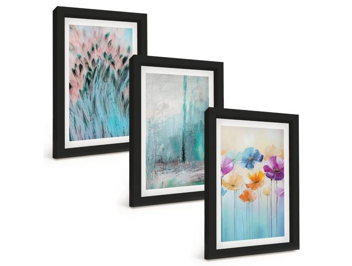 BILDER SET 3er Set - 20x30 cm Schwarzer Rahmen - Hintergrundmuster mit Pastellblumen