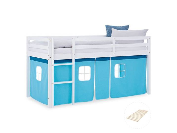 Lit mezzanine enfant 90x200 cm Blanc avec rideau Bleu avec sommier