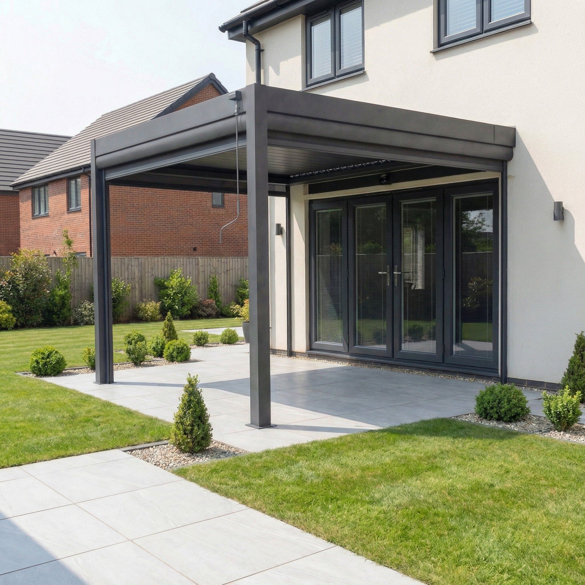 Harbour Lifestyle PergoSTET Plus 3m x 3m Square Wall Mounted Pergola with 3 Manual Side Blinds and LED Lighting in Grey
