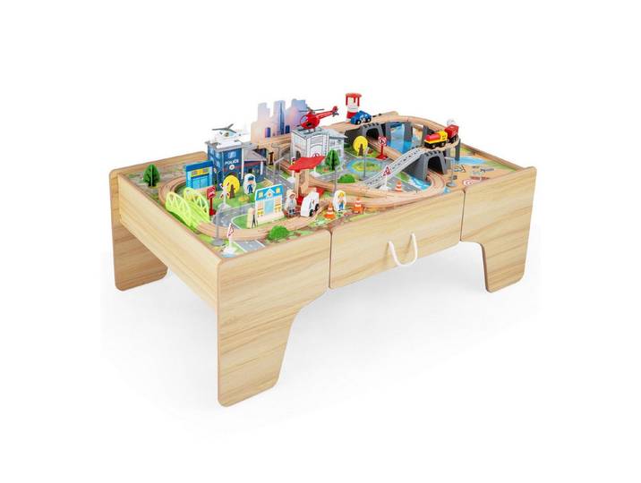 COSTWAY Spielzeug-Eisenbahn Spieltisch aus Holz, (110-tlg), Kinder Eisenbahn-Set