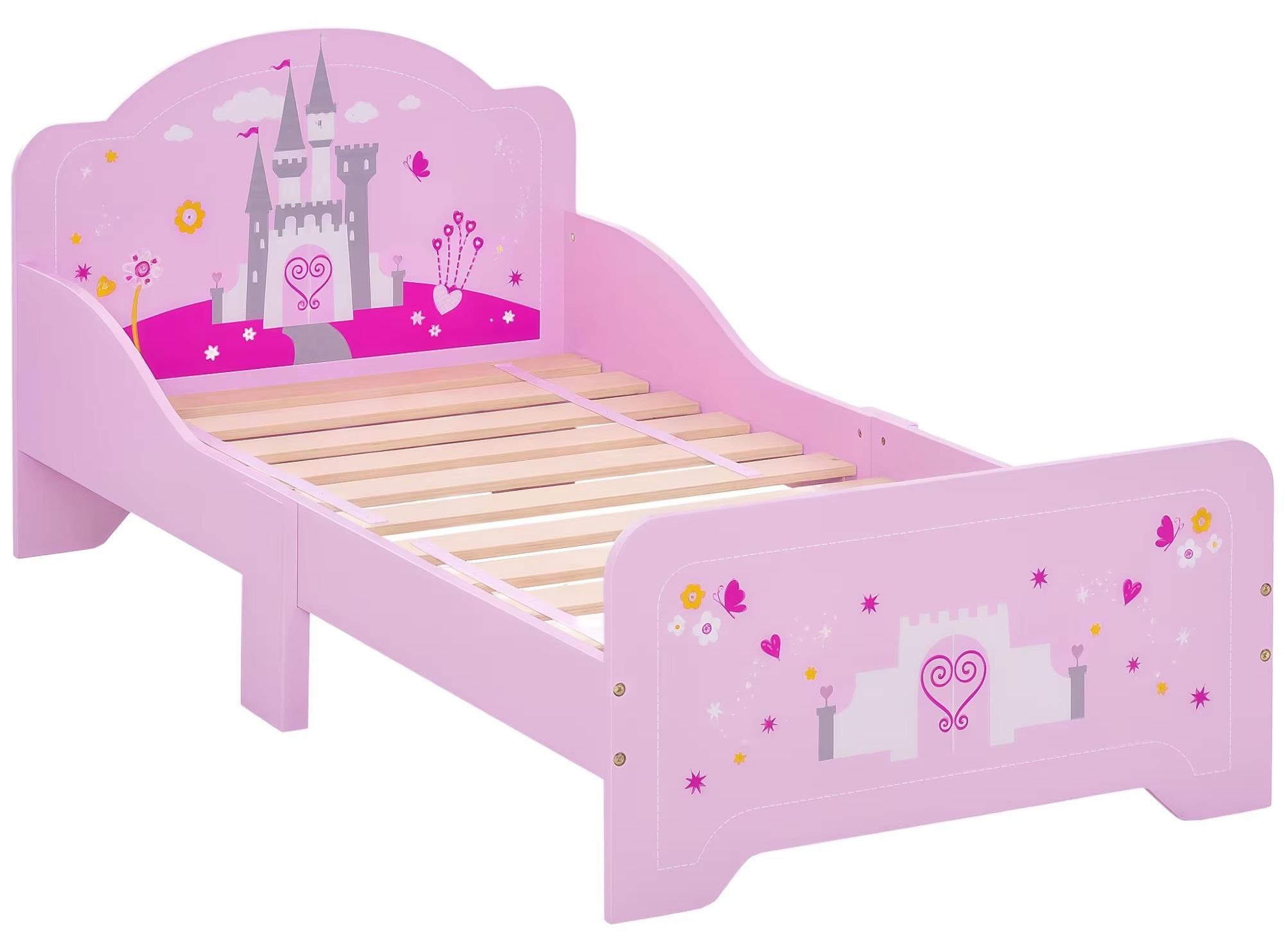 Prinzessinnenbett - Kinderbett - Schlossmuster - Holz - Rausfallschutz - Lattenrost - Niedriges Design - Rosa