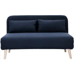 Zweisitzer-Schlafsofa aus dunkelblauem Stoff und hellem Holz AMIKO