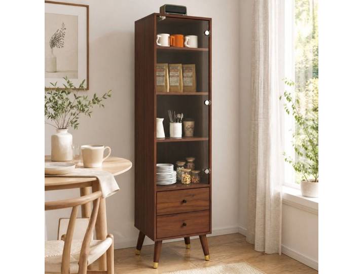 Vitrine armoire haute moderne – porte vitrée – 3 étagères réglables – 2 tiroirs – noyer – MDF