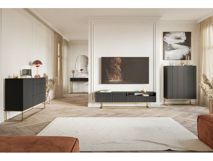 TV-Lowboard Veldio mit Gerätefach Front: MDF Mitteldichte Holzfaserplatte , beschichtet Korpus: Spanplatte, beschichtet Gestell: Stahl,