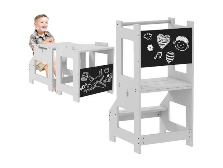 HOMCOM 3 en 1 Tour d'Observation Enfant avec Barreau pour 3 à 6 Ans Gris Tour d'Apprentissage\, Hauts Rebords de Sécurité\, Tableau Noir\, Marches Antidérapantes\, Learning Tower