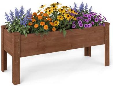 Costway Wooden Raised Garden Bed with Legs Elevated Planter Box with Drainage Holes-Coffee