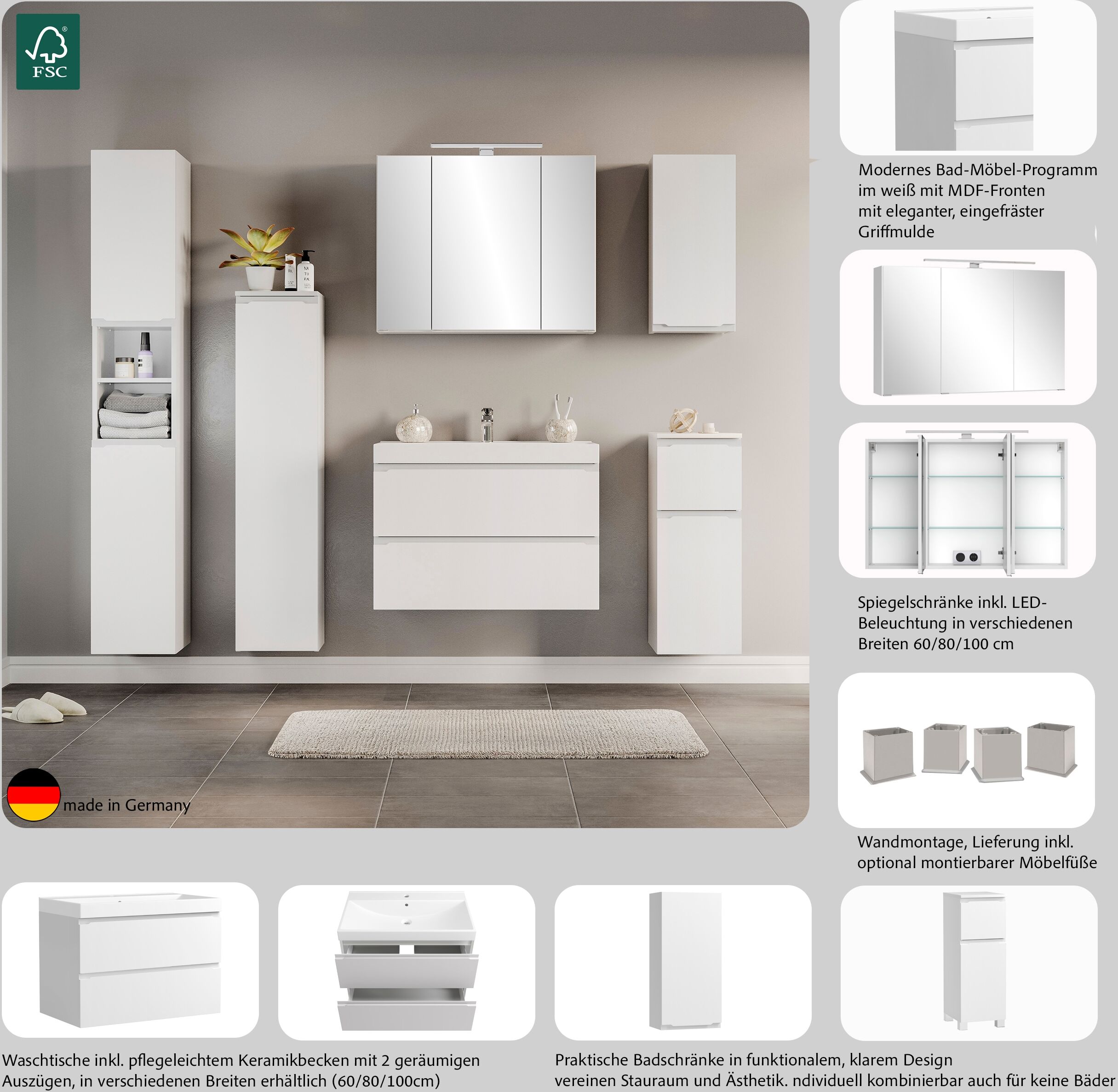 Badezimmerspiegelschrank WELLTIME "CABO, gedämpfte Scharniere", weiß, B:100cm H:64cm T:20cm, Holzwerkstoff, Schränke, Badezimmerspiegelschrank, Rundumsicht, dank besonderer Klapptechnik, Topseller