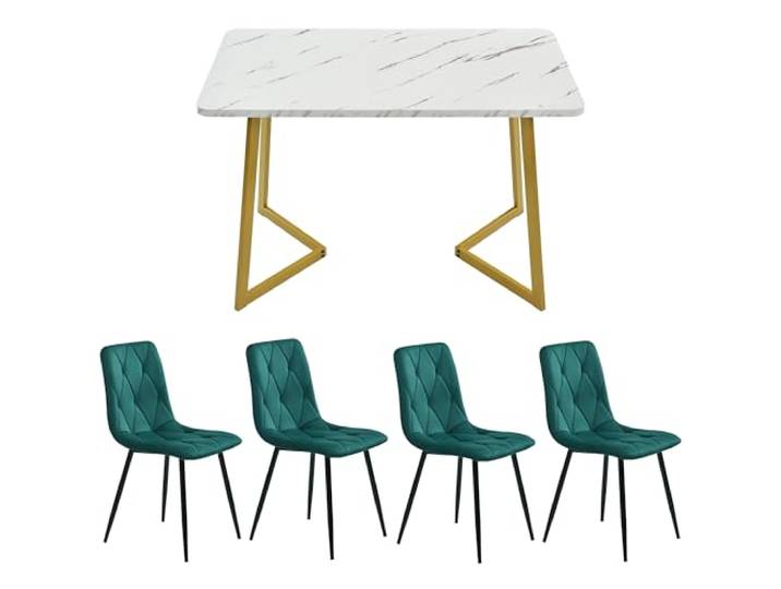 KUAKE Essgruppet,117×68cm Esstisch mit 4 Stühlen, Rechteckiger Esstisch Moderner Küchentisch Set,Esszimmerstuhl Twill Samt Küchenstuhl,Golden Tischbeine (Dunkelgrün)