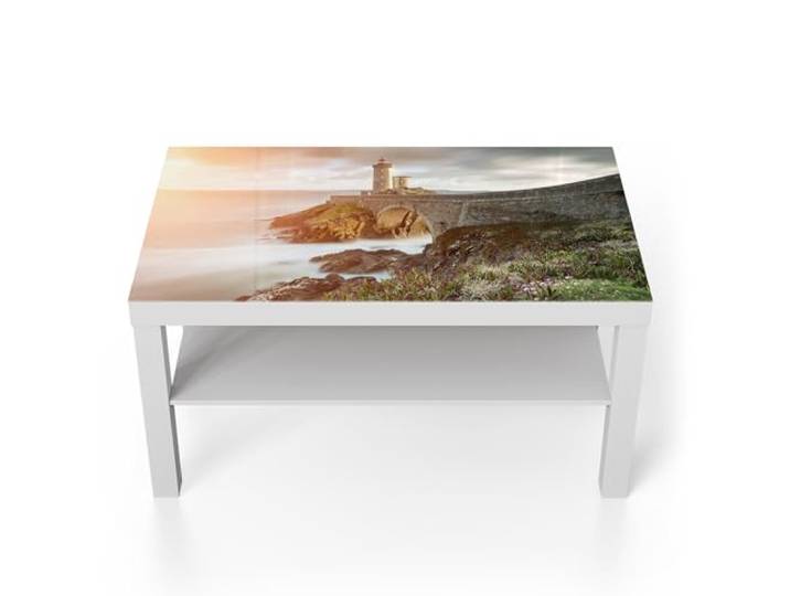 DEQORI Glastisch weiß groß 90x50 cm Motiv Leuchtturm Wache ausgefallener Beistelltisch aus Glas Hochglanz Couchtisch fürs Wohnzimmer moderner Couch Tisch mit Design