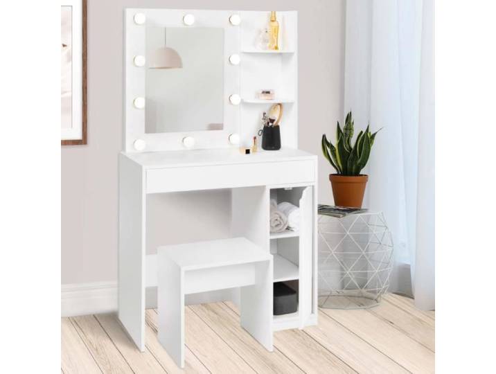 IDMARKET Coiffeuse ZELIA miroir LED avec 1 tiroir étagères caisson de rangement et tabouret