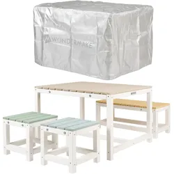 WONDERMAKE® Design Kindersitzgruppe Outdoor Garten Holz mit Abdeckung, Kinder-Sitzgarnitur Indoor Picknick-Gruppe ab 3 Jahre, weiß bunt