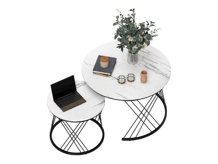 FELIXLEO Couchtisch Couchtische im 2er Set, Marmoroptik, Spanplatte, Metall, Weiß (1-St)