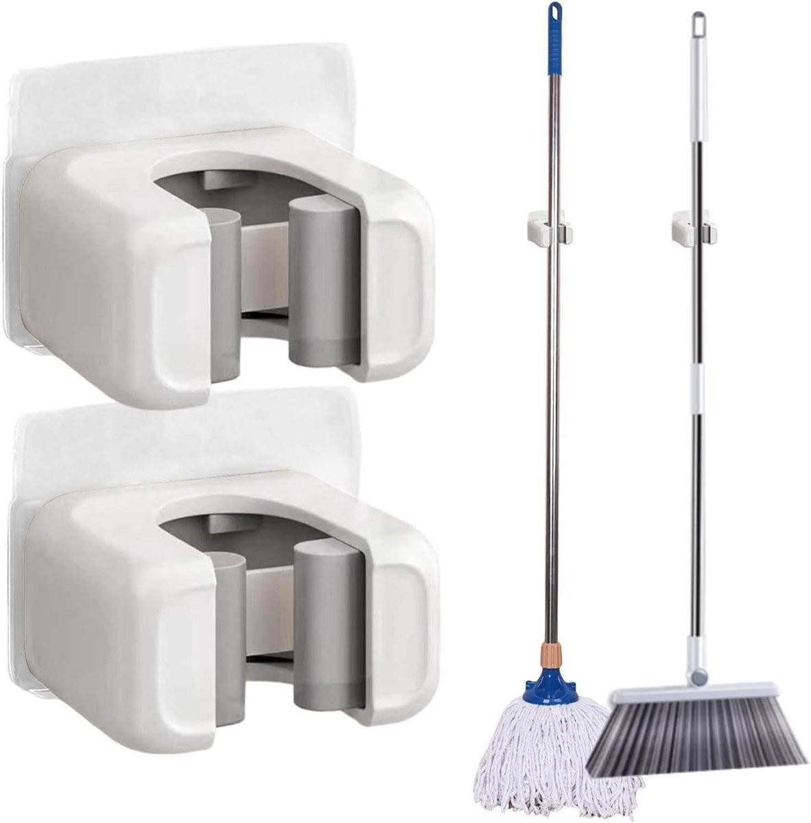 Set van 2 Wit Zelfklevende Mop en Bezem Houder voor Wandmontage zonder Boren
