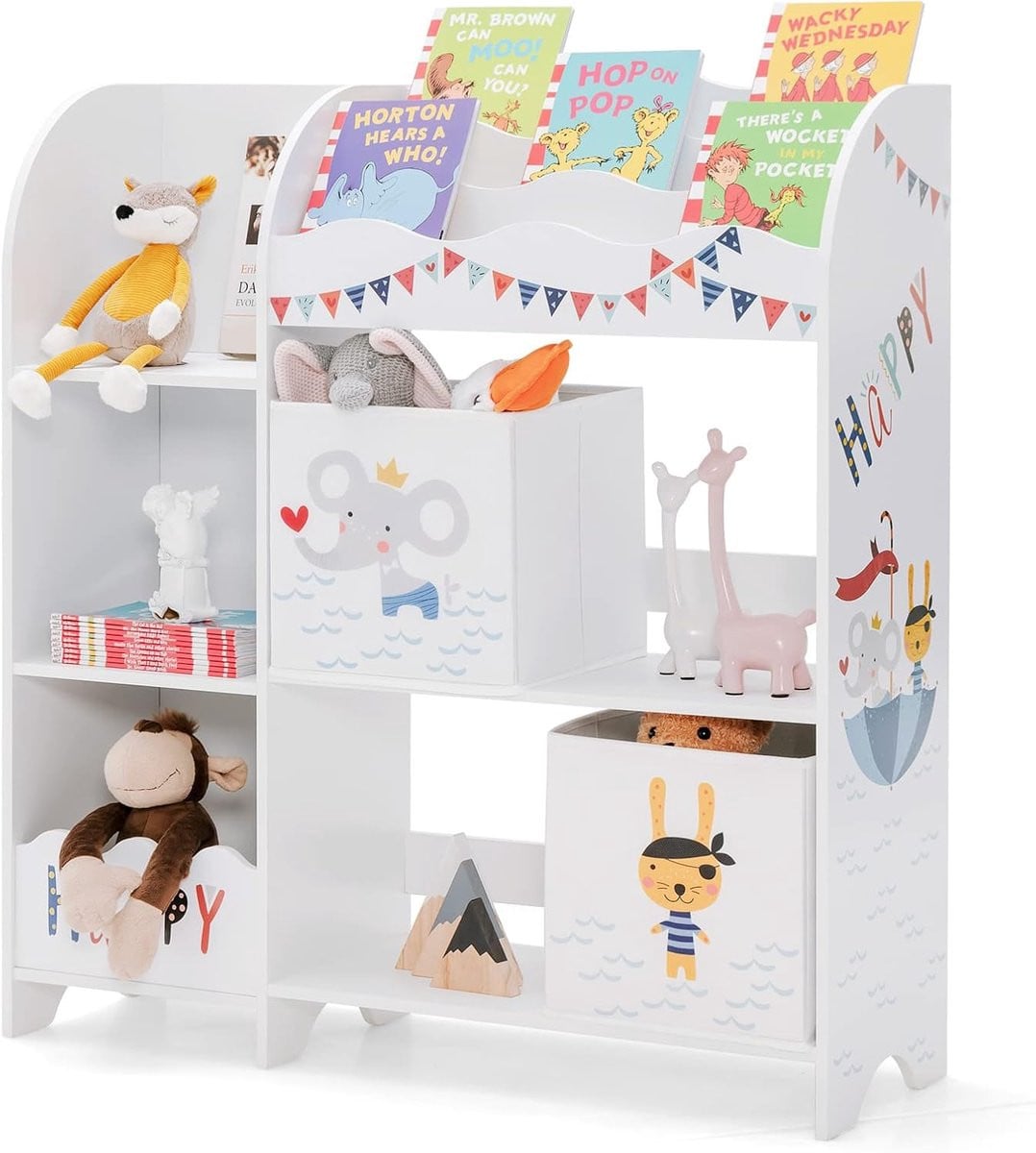 KOMFOTTEU Kinderboekenkast met 3 verdiepingen en speelgoedorganizer, vrijstaande kinderopbergkast voor de kinderkamer, dierenzeeover