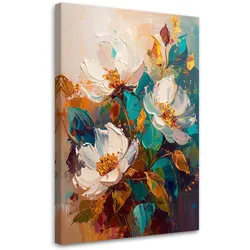 WANDBILD, Bunte Blumen in einer türkisfarbenen und orangefarbenen Komposition