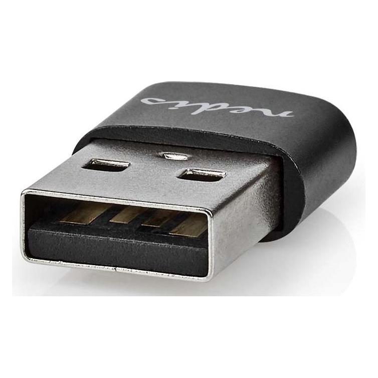 Nedis USB-A Adapter | USB 2.0 | USB-A Stecker | USB-C Buchse | 480 Mbps | Rund | Vernickelt | Schwa (USB-A, USB-C) (CCGB60920BK)