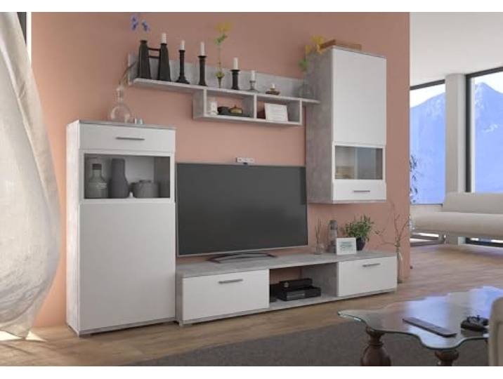 Kuechen-preisbombe TOP Wohnwand Blues Anbauwand Wohnkombi Wohnzimmer Weiss matt + Beton hell Optik