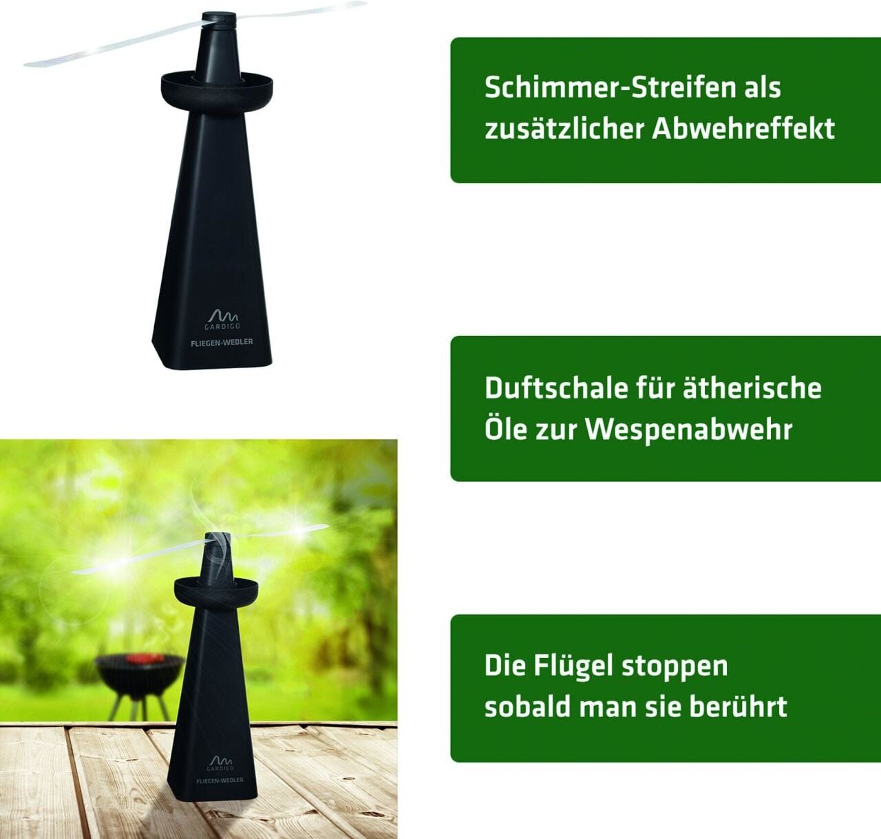 Gardigo Fliegenwedler & Wespenverdufter mit Aufhängehaken schwarz