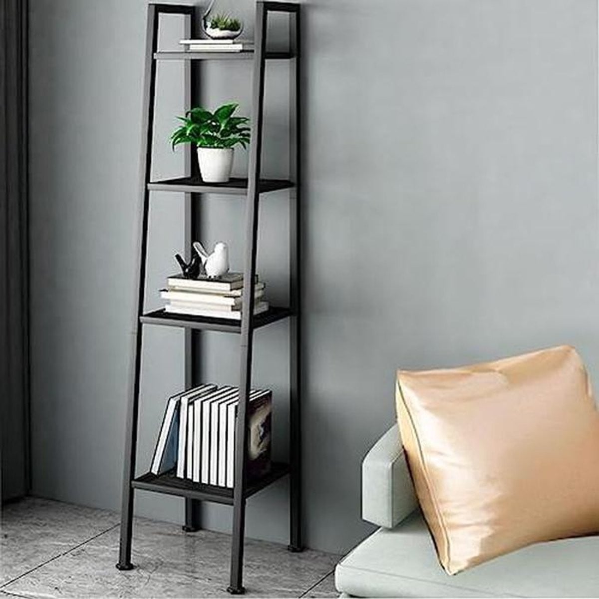 Rode metalen ladder boekenplank als vrijstaand opbergrek voor de woonkamer, slaapkamer, keuken of werkkamer