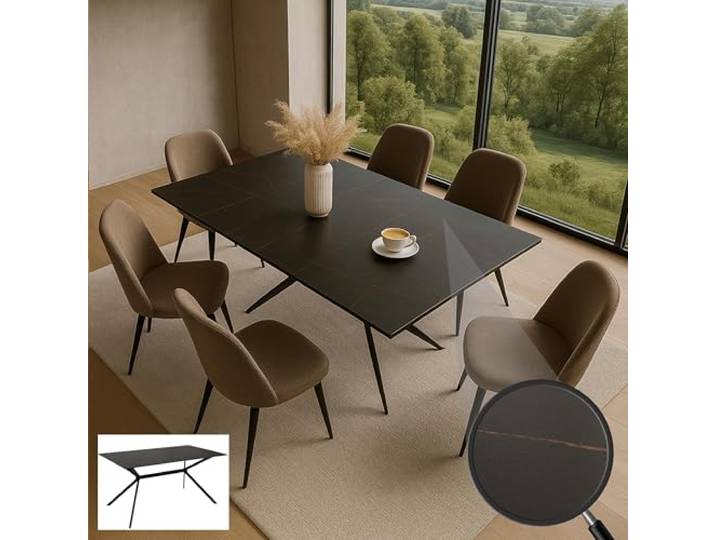 Mendler Esszimmertisch HWC-O58 Marmor-Optik 160cm Metall - schwarz-Gold
