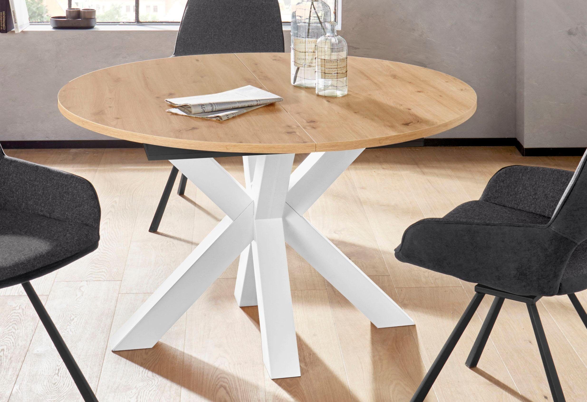 Esstisch MÄUSBACHER, braun (tischplatte: asteichefarben), B:130cm H:78cm T:130cm, Tische, Esstisch, Untergestell Sternform tischplatte: asteichefarben B/H/T: 130cm x 78cm x 130cm, Mittelauszugmit Einlegeplatte, Gestell: Weissmatt lack