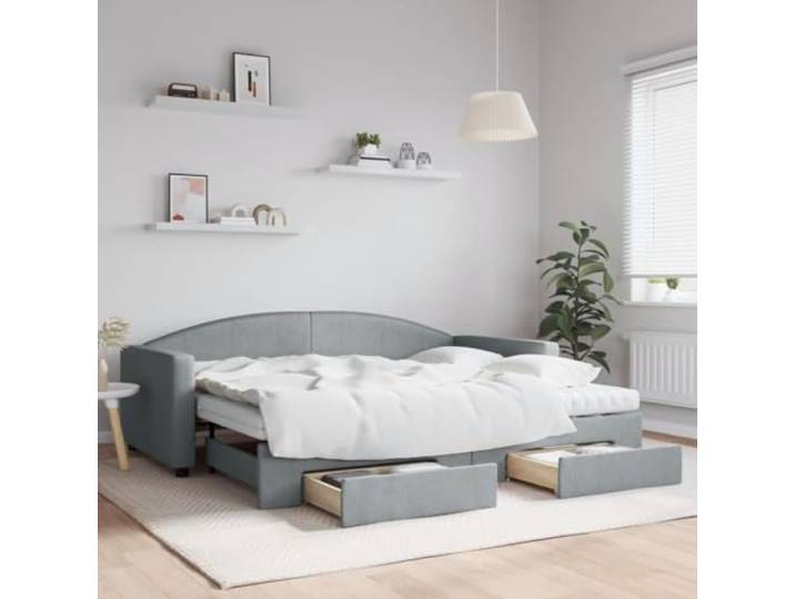 RJPLMFV Tagesbett, ausziehbar, 90 x 200 cm, Hellgrau Sofa, 2-in-1, 2 Schubladen, Schaumstoffmatratze inklusive, langlebiger Stoff