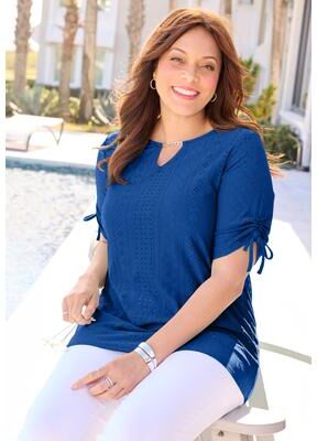 Plus Size Women's Eyelet Cinch Sleeve Top by Catherines in White (Size 4X)
