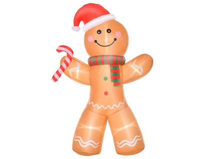 Homcom Aufblasbarer Lebkuchenmann Weihnachtsdekoration 2,4 m mit Lichtern Polyester, Gelb, Kunststoff, 65x240x170 cm, Dekoration, Weihnachtsdekoration