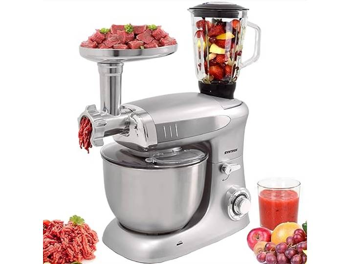 Syntrox Germany Küchenmaschine Deluxe Fleischwolf & Mixer, Rührmaschine mit Zubehör, Vielseitige Kochhilfe, Mixer und Fleischwolf in einem, 1300 Watt, 230 Volt (Silber)