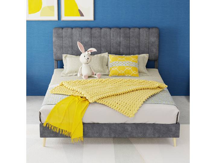 Lit Rembourré En Tissu Gris 140x200 Cm\, Structure Métal\, Tête De Lit Confortable