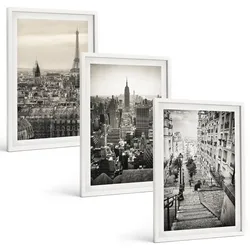 BILDER SET 3er Set - 40x60 cm Weißer Rahmen - Aussicht Paris New York Treppen