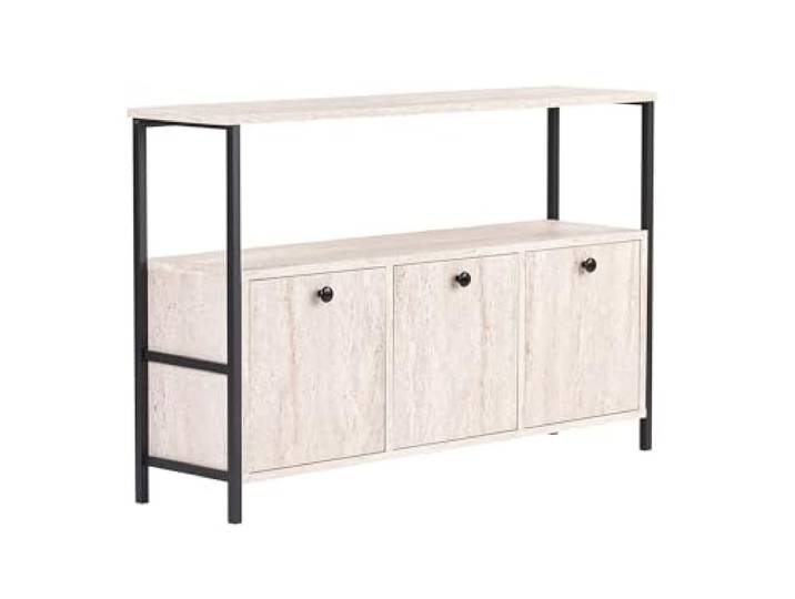 Moderner Konsolentisch, Travertine & Schwarz, 120 x 77 x 30 cm 100% melaminbeschichtete Spanplatte, elektrostatische Pulverlackierung, PVC-Kantenband stilvoll & funktional für die Heimdekoration