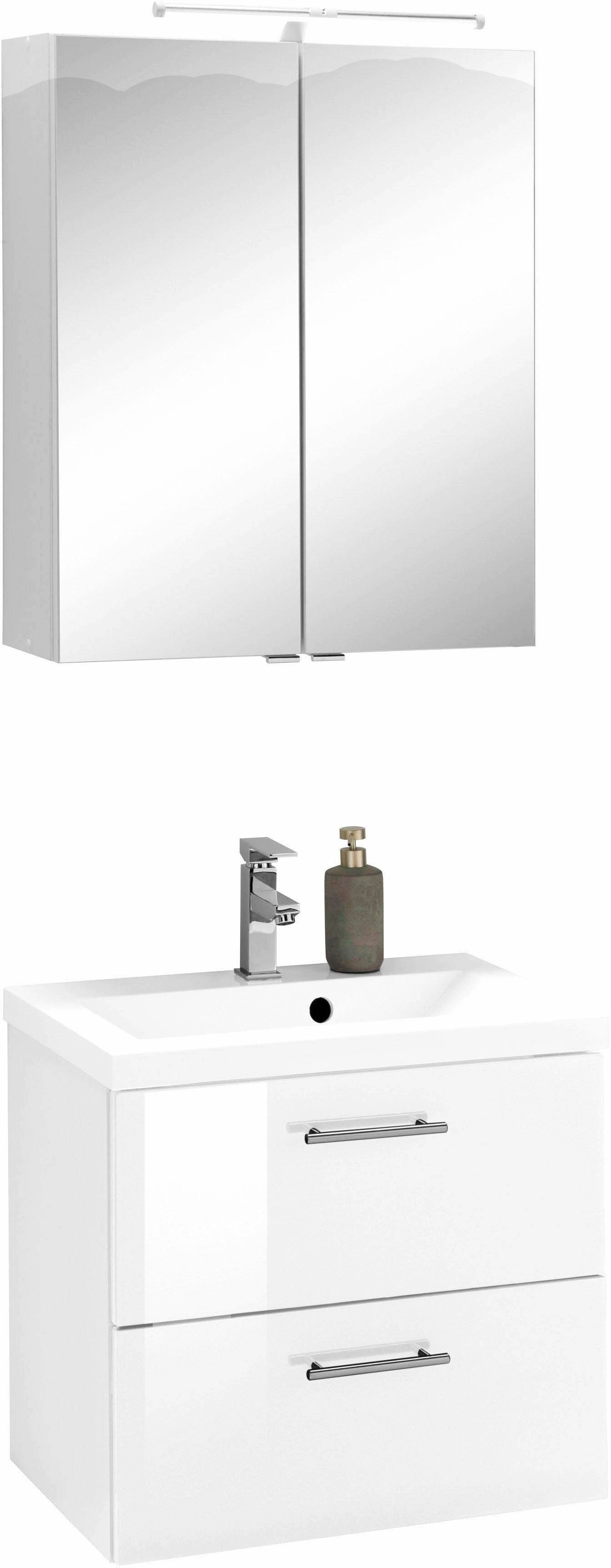 Badmöbel-Set WELLTIME "Venedig", weiss (weiß), Kastenmöbel-Sets, Badmöbel-Set, Spiegelschrank und Waschplatz weiß Einheitsgröße
