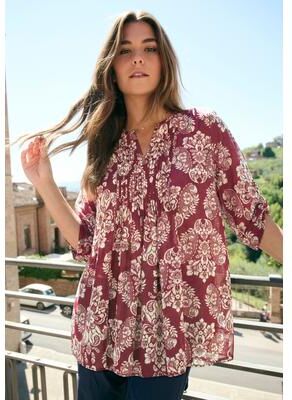Plus Size Women's Plus Size Tara Pleated Shirt - Adjustable 3/4 Sleeve Swing Tunic with Notch Collar by Roaman's in Burgundy Peonies (Size 34 W) Top
