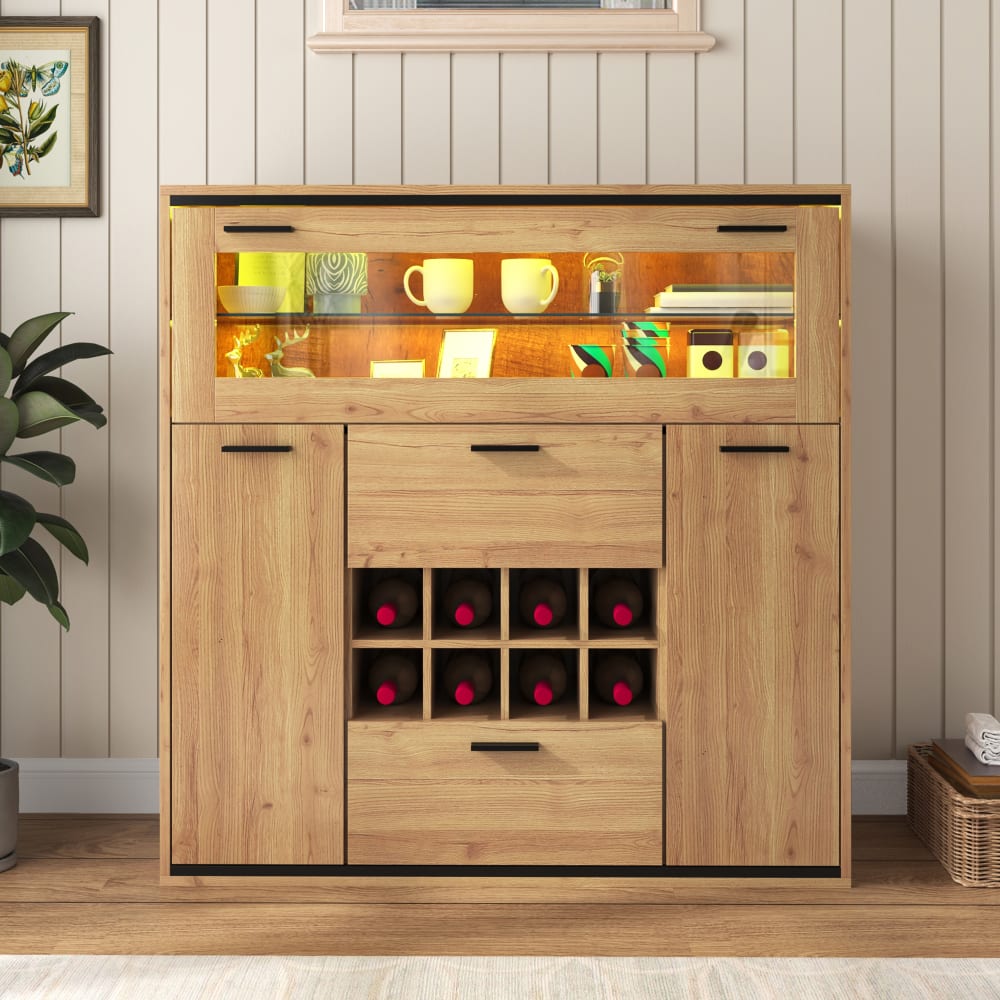 Urban Meuble Buffet haut effet bois porte battante éclairage LED Beige 110x111x38cm