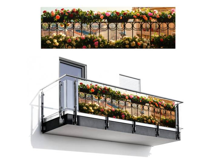 MuchoWow Balkon-Sichtschutz Blumen - Zaun - Stadtbild - Sommer, Pink, Kunststoff, Rechteckig, 300x90 cm, Sonnenschutz, Sichtschutz