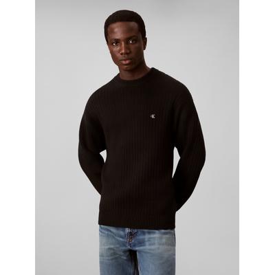 Strickpullover CALVIN KLEIN JEANS, Herren, Gr. M, schwarz, Rippstrick, Obermaterial: 100% Baumwolle, unifarben, regular fit normal, Rundhals, Bündchen, Pullover Strickpullover, Rippstrick, Regular Fit, Logo-Stickerei