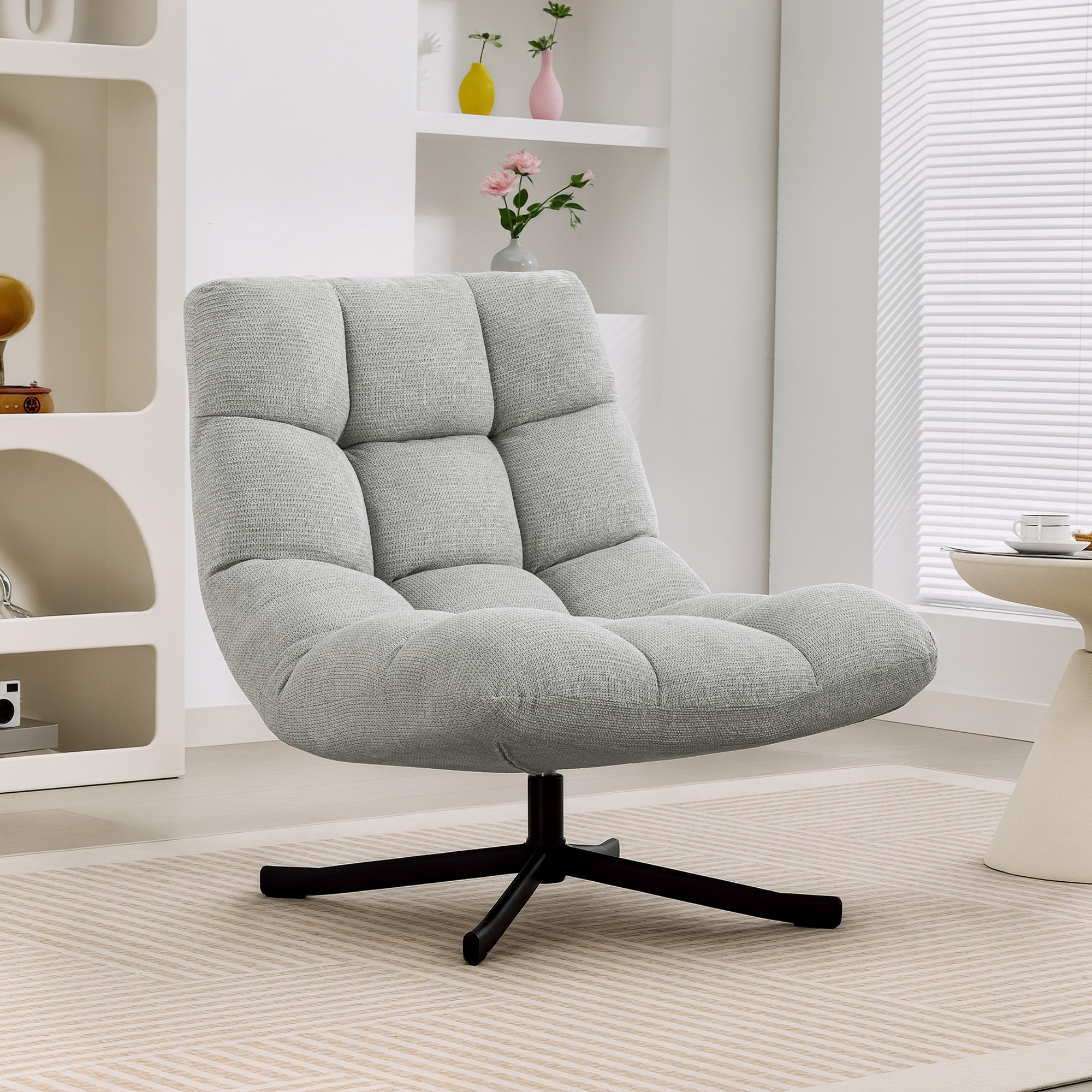 Homcom Poltrona girevole lounge con seduta ampia, effetto chenille idrorepellente, gambe incrociate in acciaio, Grigio chiaro   Aosom Italy