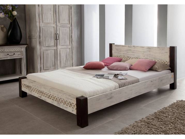 Lit double 200x200 Manguier ciré Blanc antique CASTLE-ANTIK #404