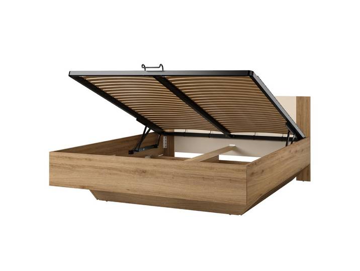Lomadox Bettgestell VARESE-83, Eiche mit beige Lattenrost klappbar Bettkasten 160x200cm Liegefläche