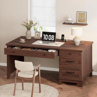 Garvee Executive Desk with Power Outlet, Home Office Desk with Drawers, Wooden Work Desk with File Cabinet, Computer Desk