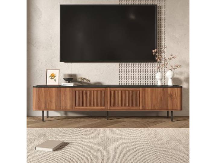Fiednoy TV-Schrank Walnuss Schwarz 190cm Mit Gittertüren Modernes Lowboard Für 80 zoll Fernseher , Stauraum, Belüftung, Wohnzimmer, Arbeitszimmer, 60kg Tragfähigkeit