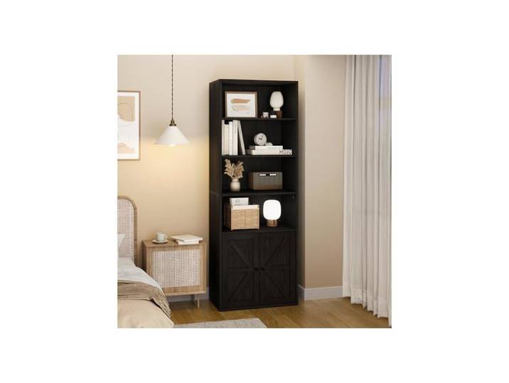 Bibliothèque Étagère Colonne avec 4 Casiers Ouverts et 2 portes Meuble de Rangement Multifonctionnel 60x30x181 cm Noir