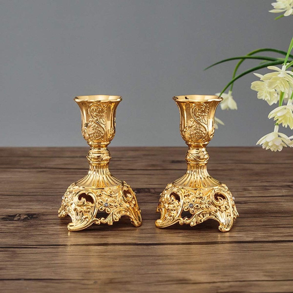 Omgoods Set van 2 Gouden Kaarsenhouders voor Tafeldecoratie