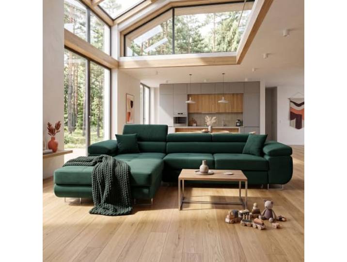 Muffo Ecksofa mit Schlaffunktion und Bettkasten Links Grün freistehendes Sofa, ausziehbar, Sofa mit Stauraum, Ecksofa, verstellbare Kopfstützen, Velvet-Stoff