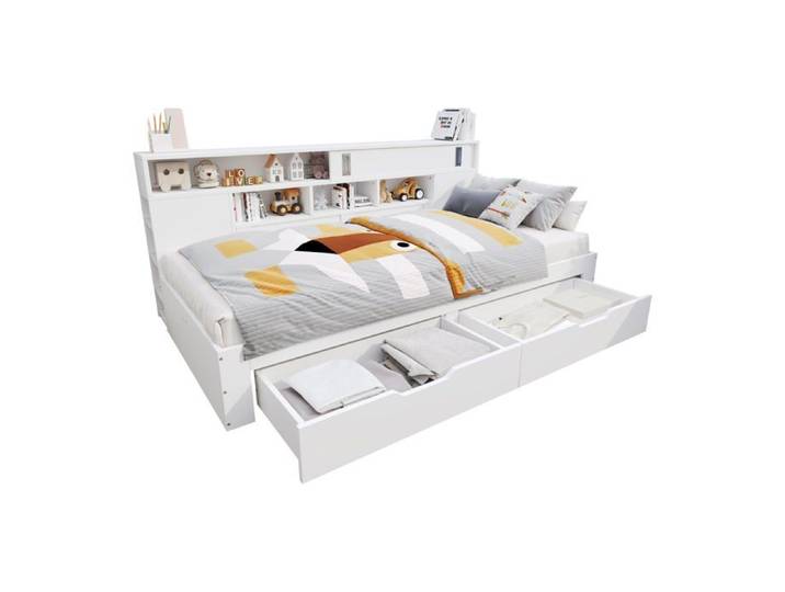 Lit enfant Logidon 90x190 cm blanc avec tiroirs de rangement et étagère