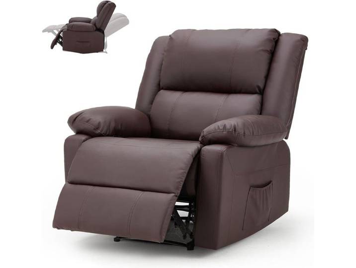 YODOLLA Fauteuil Relax - Appui-tête et Repose-pieds Réglables Accoudoirs Rangement - Simili-Cuir - 90x95x96cm - Marron