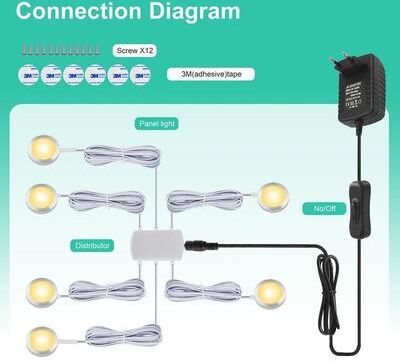 Uplift Picks Round 12V LED Under Cabinet Light Kit With Switch And Power Adapter 6 Lamps In 1 Kit eu Adapter white