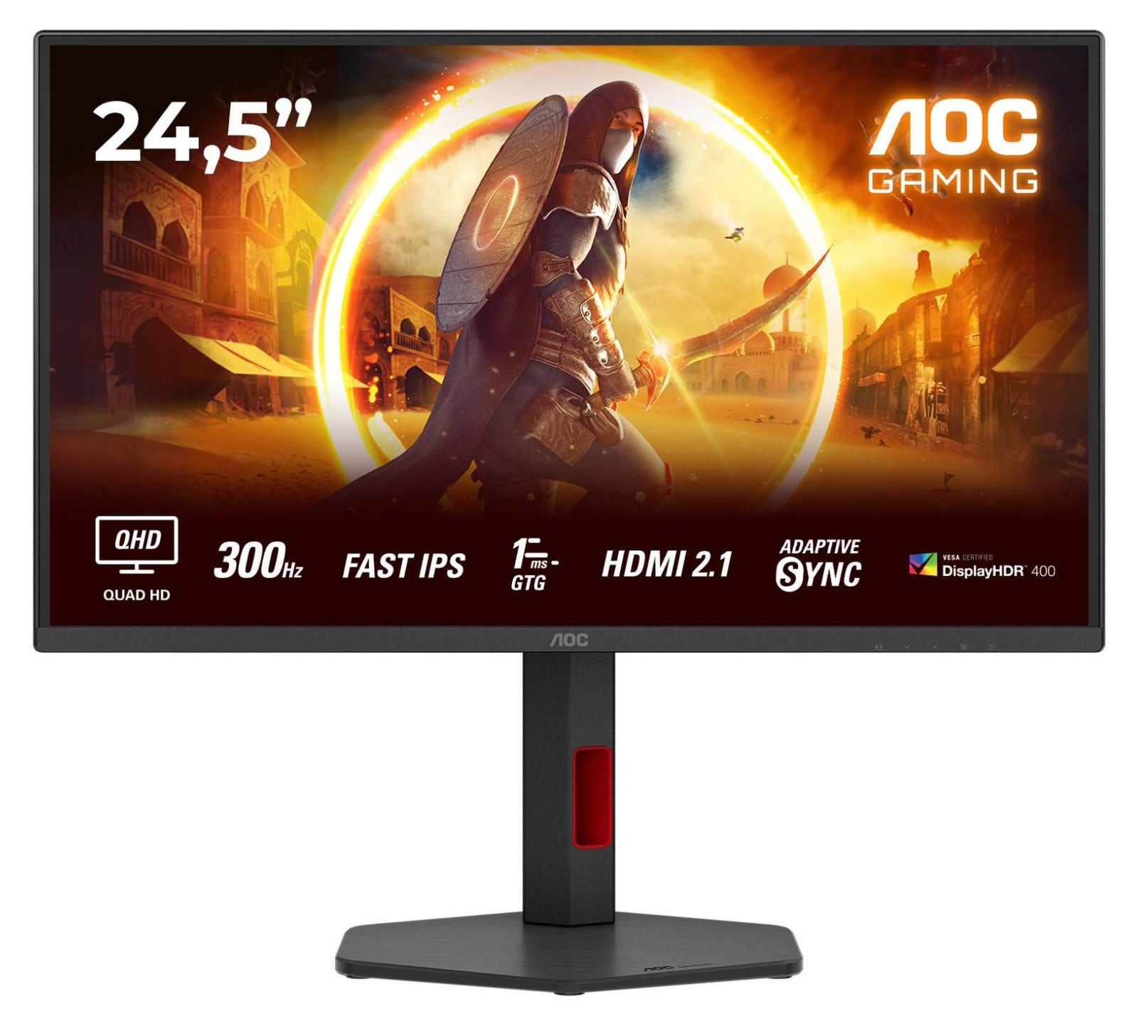 AOC Gaming Q25G4SR LED-monitor - 25 inch - QHD 2560 x 1440 - 300 Hz - IPS - DisplayHDR 400 - Zwart, Rood